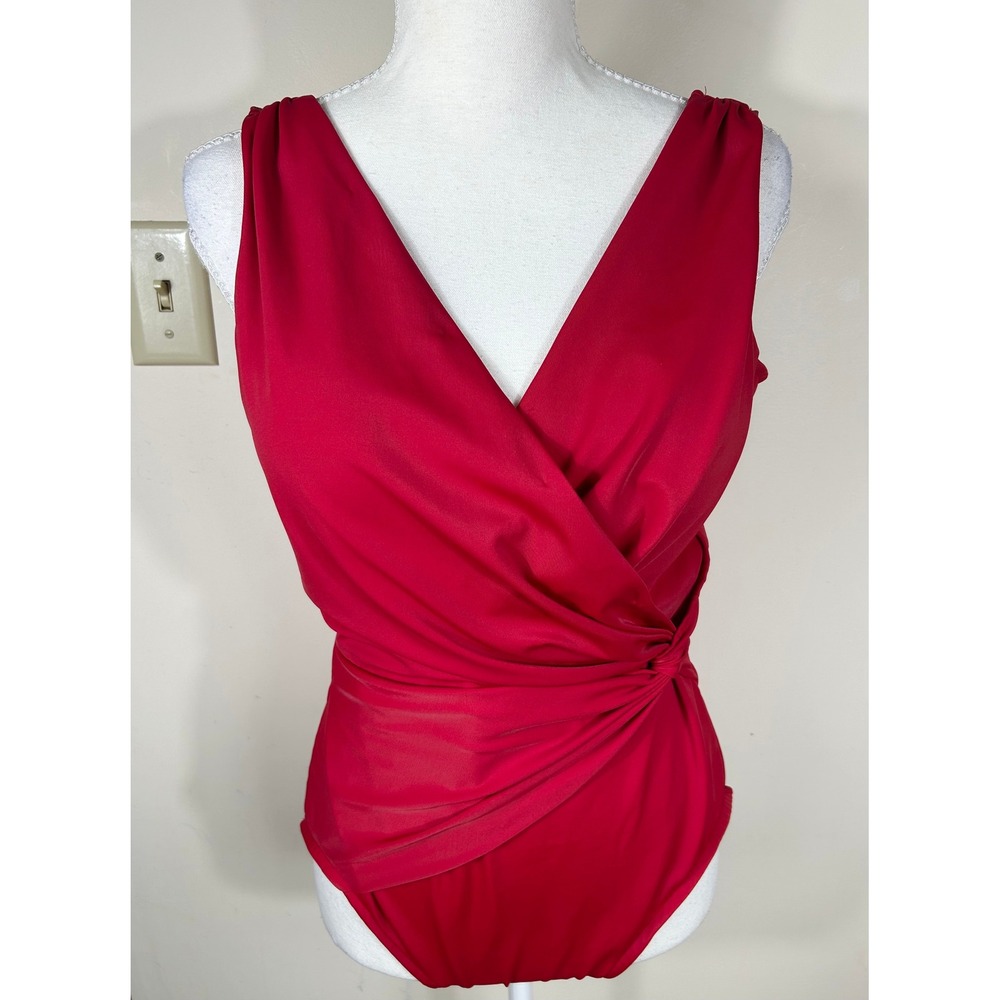 Suddenly Slim Catalina Swimsuit Womens L 12-14 Red Wrap Front Ruching One Piece